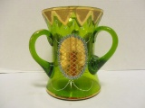 Green Glass Three Handle Vase with Hand Painted Floral Design