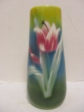 White Cased Satin Art Glass Vase with Hand Painted Tulip