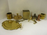 Tray of Brass-Tissue Cover, Candle Holders, Vases, etc.