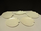 White Glass Fish Bowl and Four Style-Eyes by Baum Bros. Stoneware Plates