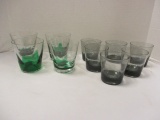 Six Smoke Fade Whiskey Glasses and Four Clear Cased Green Art Glass Whiskey Glasses