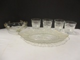 Four Crystal Whiskey Glasses, Eagle Footed Bowl and Clear Glass Platter