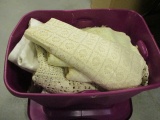 Tote of Vintage Lace and Woven Table Cloths