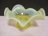 Yellow Opalescent Vaseline Glass Ruffle Edge Pedestal Base Dish with Shell and Leaf Design