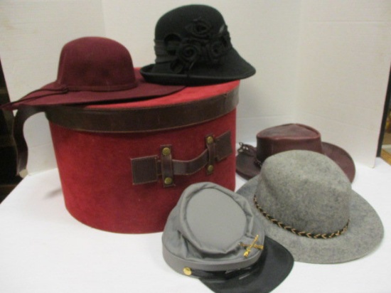 Round Box with Leather and Wool Hats and Costume Military Hat