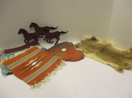 Metal Horse Wall Art, Signed Southwestern Candleholder, Rabbit Skin