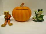 Pumpkin Covered Dish, Fall Bear Shelf Sitter and Waving Frog Figurine