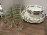 Royal Norfolk Holly Pattern Bowls and Plates and Ten Wreath Glasses