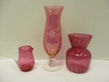 Hand Blown Creamer, Etched Glass Vase and Cranberry Glass Vase
