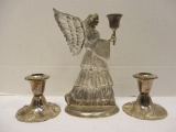 Pair of Godinger Candlesticks and International Silver Angel Candleholder