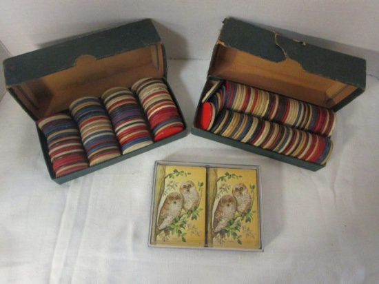 Vintage Plastic & Paper Poker Chips and Owl Playing Cards