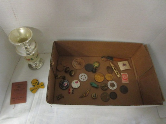 Various Coins, Buttons, Pins, and more from History