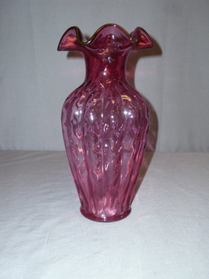 Vintage Ruffle Edge Cranberry Vase approx. 11" T