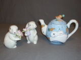2 Porcelain Bunnies - 1 Porcelain Teapot