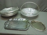 4 Large Silver Wicker Baskets & 2 Serving Trays