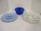 Blue Glass Mixing Bowl and Two Large Glass Trays