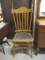 Antique High Back Wood Chair with Leather Seat and Brass Accents