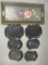 Five Vintage Hand Painted  Metal Trays and Two Black Trays