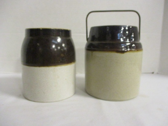 Two Brown and White Pottery Crocks