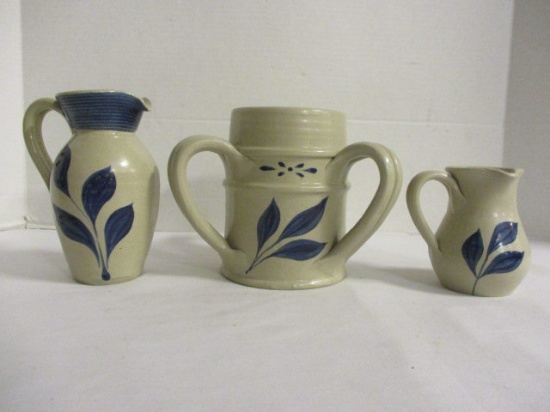Williamsburg Pottery Creamer, Pitcher and 3-Handle Vase with Blue Leaf Design