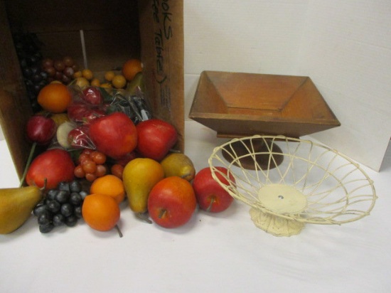 Metal and Wood Fruit Bowls and Artificial Fruit