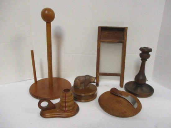 Wood Lot-Paper Towel Holder, Cheese Board/Knife, Candle Stick Ruege