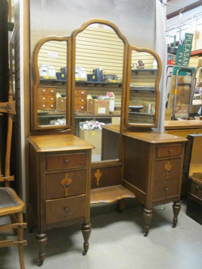 Antique Wood Vanity with  Tri-fold Mirror on Casters