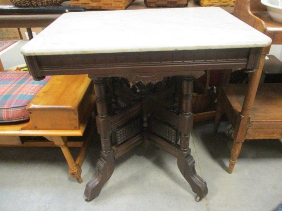 Antique Marble Top Pedestal Table on Casters