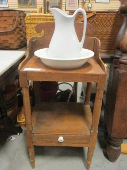 Antique One Drawer Washstand with  Backsplash, Pitcher and Basin