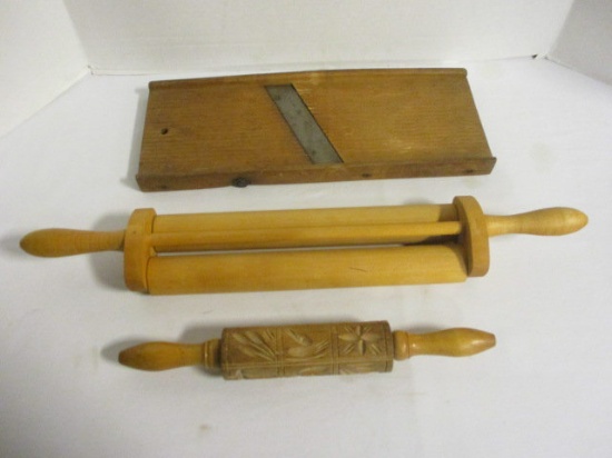 Vintage Wood Cabbage Cutter, Double Dough Roller and Patterned Roller