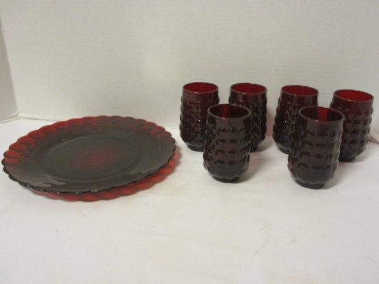 Ruby Glass Bubble Plate and Six Anchor Hocking Glasses