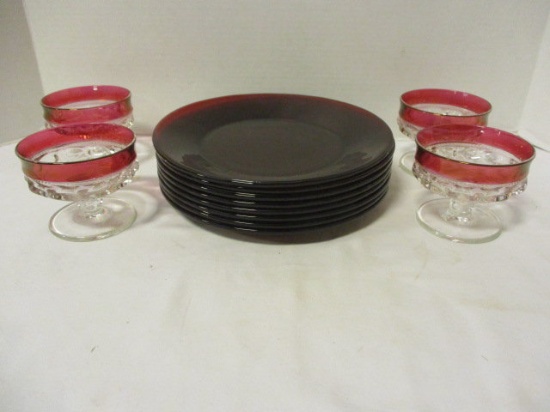 Eight Ruby Glass Plates and Four Kings Crown Sherbets