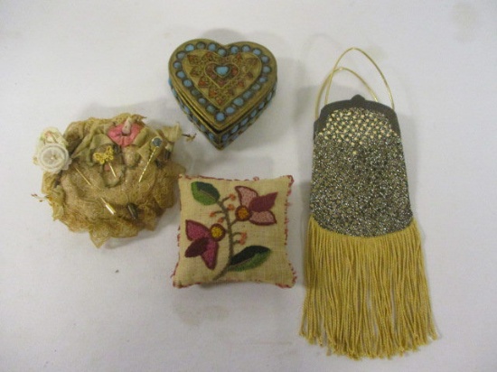 Heart Shaped Brass Ring Box, Pin Cushions with Three Stick Pins and