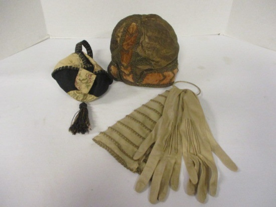 Vintage 1920's Style Flapper Hat, Gloves and Wrist Bag