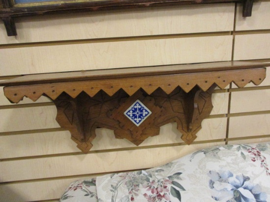 Antique Eastlake Display Shelf with Blue/White Tile Insert