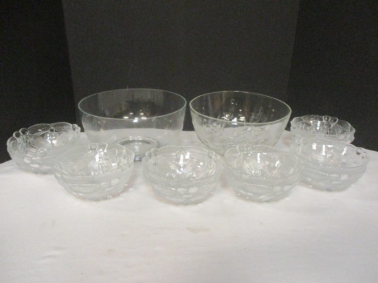 Two Large Clear Glass Bowls and 12 Glass Bowls with Cherry Design