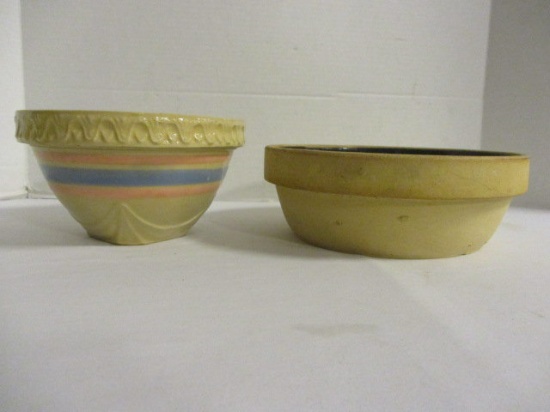 Professional Pottery Co. Salt Glazed Bowl and Pink/Blue Striped Mixing Bowl