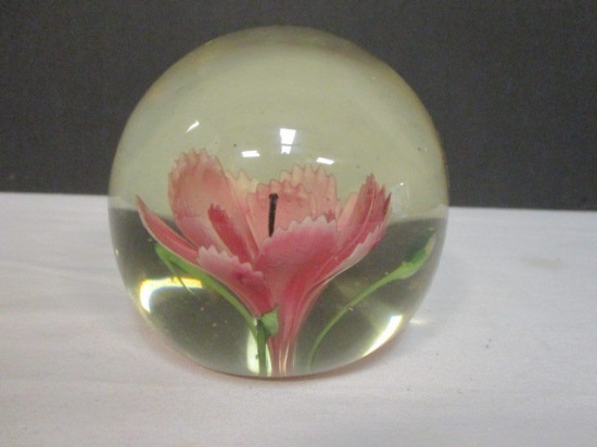 Art Glass Paper Weight with Pink Flower
