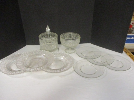 Clear Glass Biscuit Jar, Plates and Compote