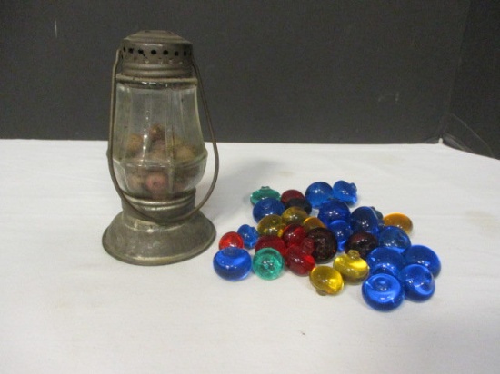 Vintage Mini Lantern Housing and Colorful Glass Pebbles
