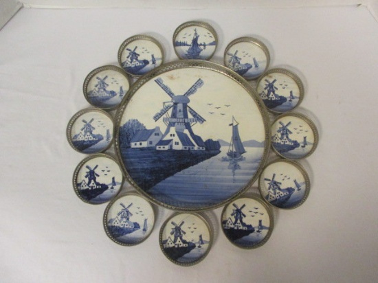 Round Blue/White Tray and 12 Coasters Marked Sternauware, NY Germany