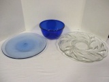 Blue Glass Mixing Bowl and Two Large Glass Trays