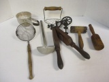 Tray of Vintage Utensils-Sifter, Ladle, Strainers, Wood Press, etc.