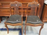 Pair of Antique Carved Wood Chairs with Upholstered Seats