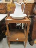 Antique One Drawer Washstand with  Backsplash, Pitcher and Basin