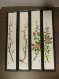 Two Pairs of Framed Hand Painted Tiles with Oriental Floral Design