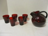 Ruby Glass Pitcher and Five Glasses