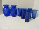 Seven Hand Blown Blue Swirl Glasses and Two Blue Glass Vases
