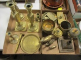 Two Tray of Brass Items-Candlesticks, Bowls, Trays, Animal Figurines, etc.