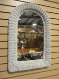 White Wicker Framed Arch Top Mirror
